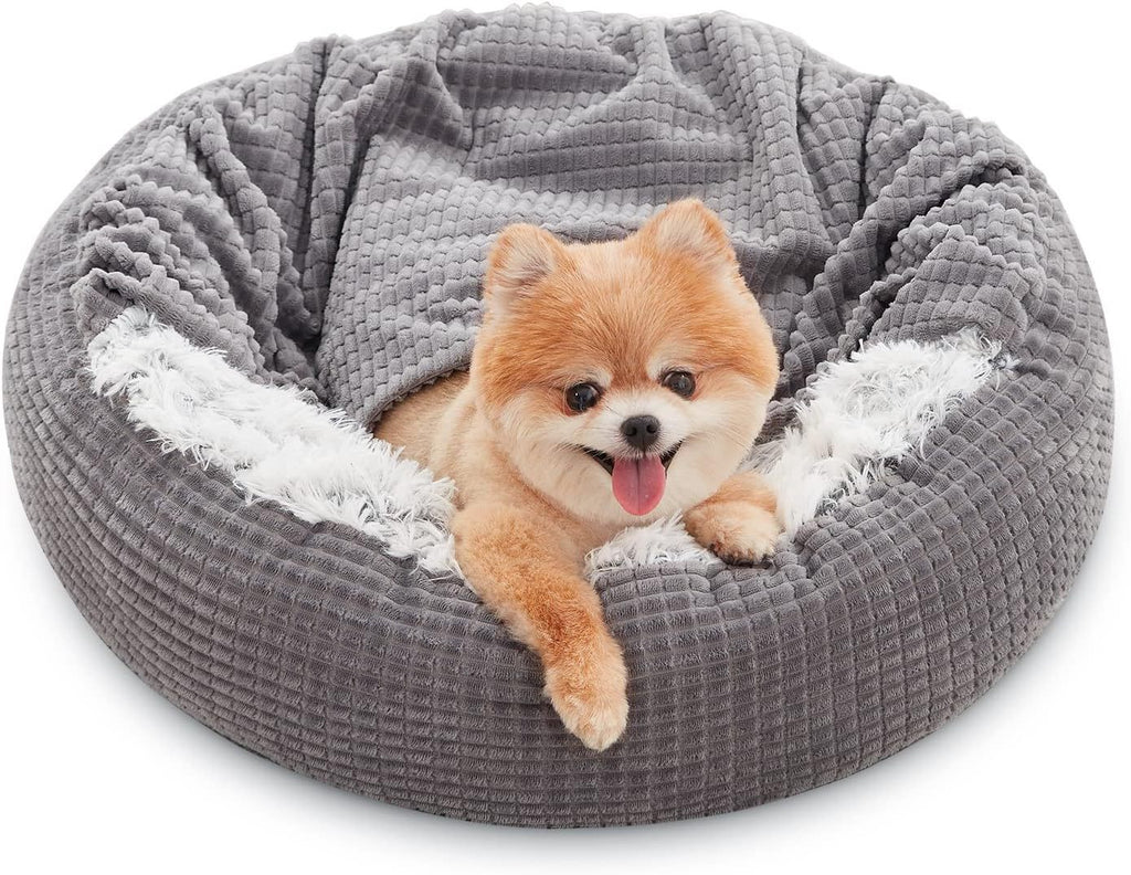 Small Dog Bed With Blanket Attached, Round Calming Hooded Cozy Cave