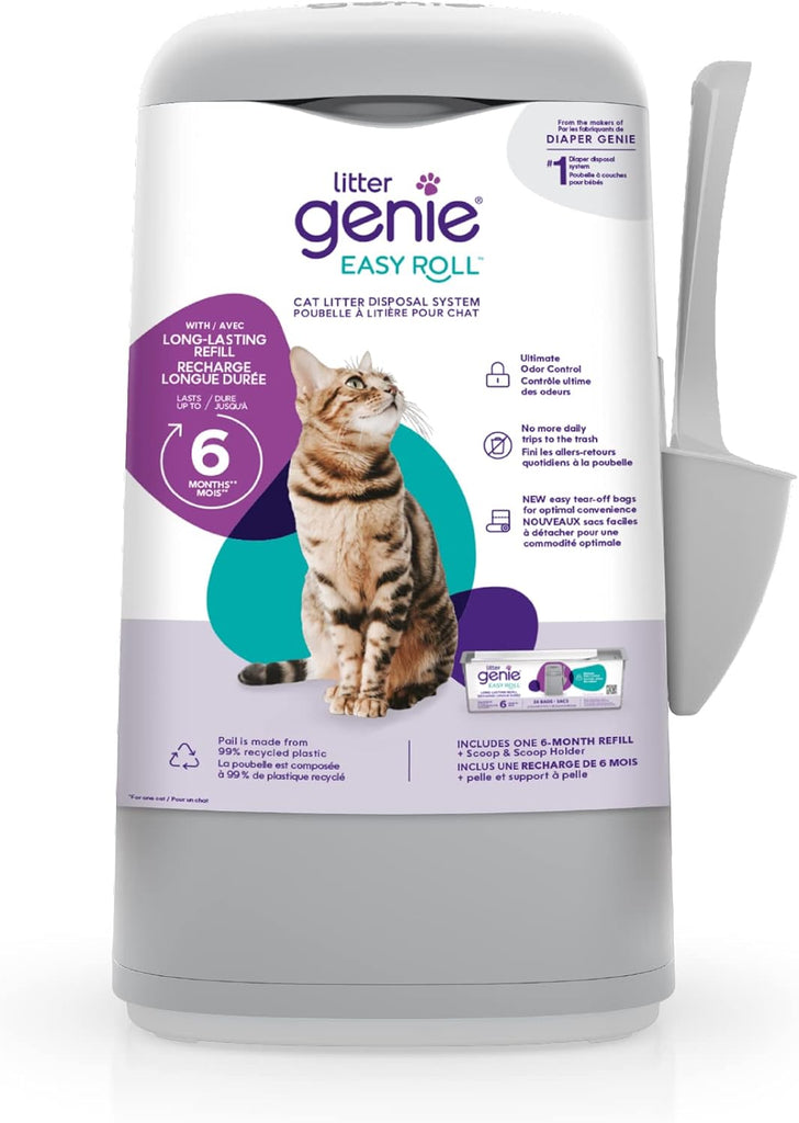 Litter Genie Seau facile à rouler – Comprend une recharge de sacs à litière pour chat de 6 mois, une pelle et un support de pelle