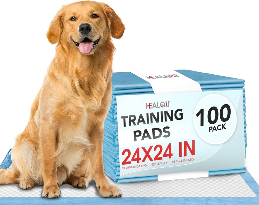 Healqu Puppy Pads - 100-Count, 24x24 - Advanced Leakproof Technology for Housebreaking & Training - Ultra Absorbent Puppy Pee Pads - Ideal for Dogs, Puppies, Cats - Attractant Pet Training Pads