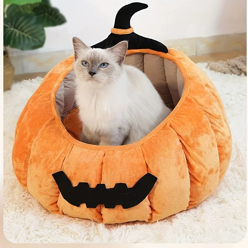 Cat Bed Cozy Halloween Pumpkin Pet Bed Warm Cartoon Devil Design Soft Plush Pet Nest For Cats & Small Dogs Winter Fall